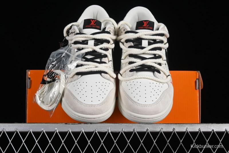 Nike SB Dunk Low LV Collaboration Anniversary Customized Sneakers in Off-White Black Swoosh Triple Floral - SJ2068-235