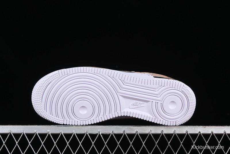 Nike Air Force 1 '07 Low Casual Sneakers with Anime-Inspired Hand-Painted Design, Broken Swoosh Shadow Effect, Brown/Black - CW2288-111