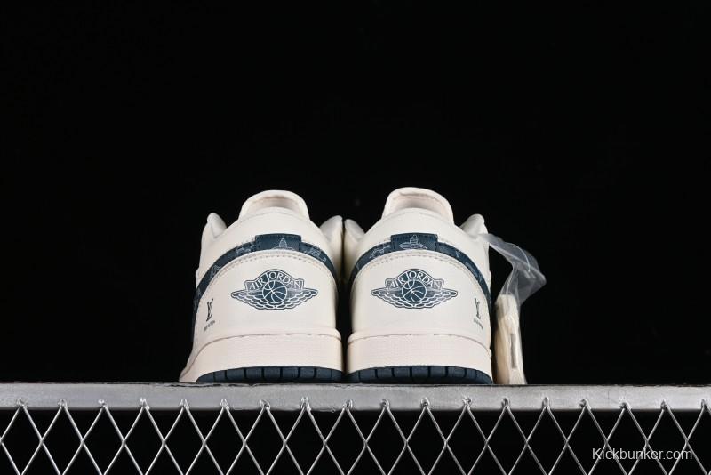 Nike Air Jordan 1 Low LV Collaboration - White with Blue Swoosh Custom Casual Sneakers - WG8850-005