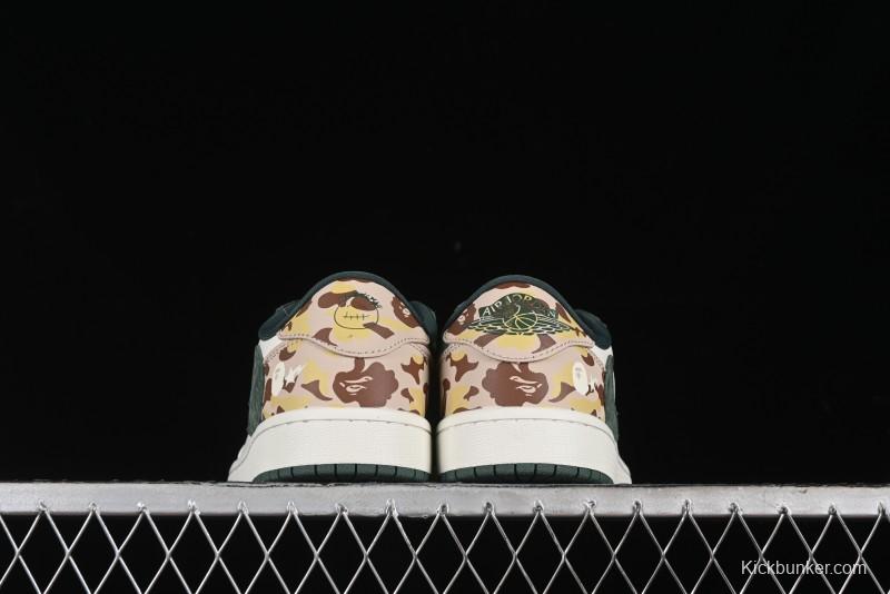Nike Travis Scott x Fragment Design x Air Jordan 1 Low OG SP AJ1 Bape Collaboration - Camo Green Low Top Casual Sneakers - JH6088-614