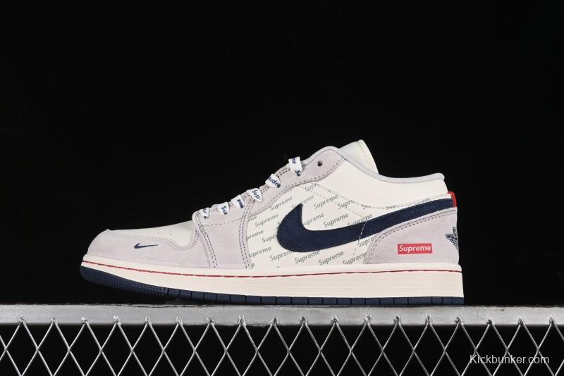 Nike Air Jordan 1 Low Supreme Collaboration - Pig Grey Print Custom Retro Basketball Shoes - LJ6688-009