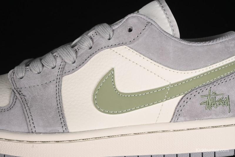 Nike Air Jordan 1 Low Stussy Collaboration - Light Green Elegant Grey Retro Basketball Shoes - WG8850-016