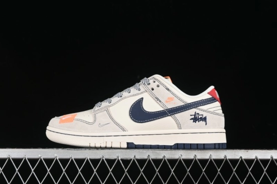 Nike SB Dunk Low Stussy Collaboration - Patchwork Grey White Dark Blue Swoosh Anniversary Custom Low-Top Casual Skate Shoes - MM1089-025