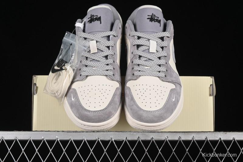 Nike Air Jordan 1 Low Stussy Collaboration - Light Bone Grey Dual-Tone Premium Custom Retro Basketball Shoes - SJ9950-045