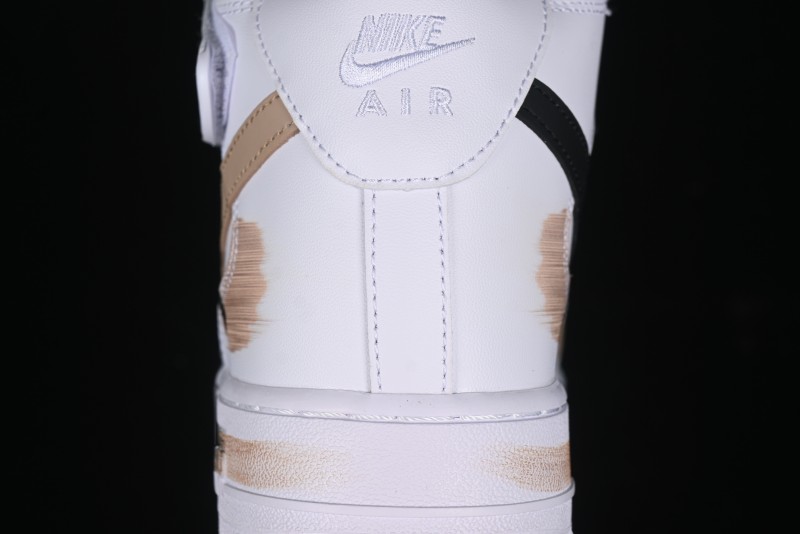 Nike Air Force 1 '07 Mid Hand-Painted White Black Brown with Swoosh Shadow Strap Mid-Top Casual Sneakers - CW2289-111