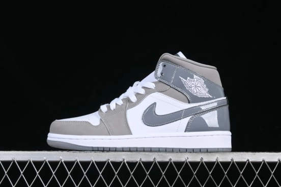Nike Air Jordan 1 Mid AJ1 High-Top Basketball Shoes in White Grey Patent Leather - HF3216-100