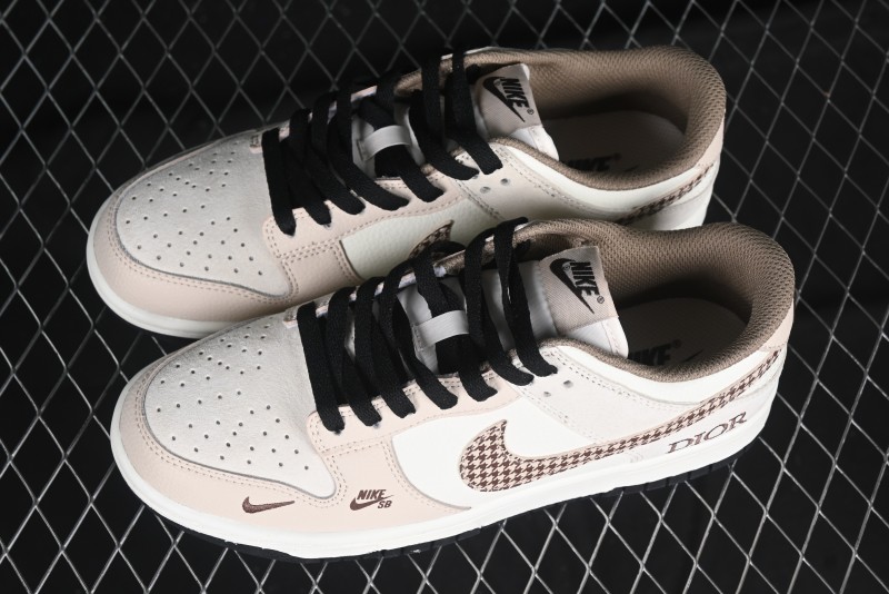 Nike SB Dunk Low Dior Collaboration Cream Coffee Floral Swoosh Anniversary Custom Low-Top Casual Sneakers - DJ2024-097