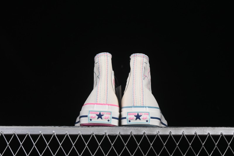 Converse Chuck 1970s High Top Casual Sneakers with Star Stitching and White-Pink-Blue Mismatched Design - A15744C