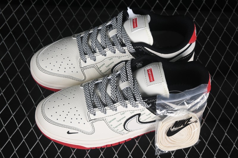 Nike SB Dunk Low Supreme Collaboration Black Red Double Swoosh Anniversary High-End Custom Low-Top Casual Skate Shoes - XS6089-504
