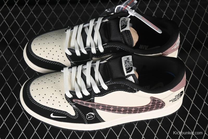 Nike Travis Scott x Fragment Design x Air Jordan 1 Low OG SP AJ1 North Face Collaboration Beige Brown Checkered Low-Top Casual Sneakers - XS2024-036