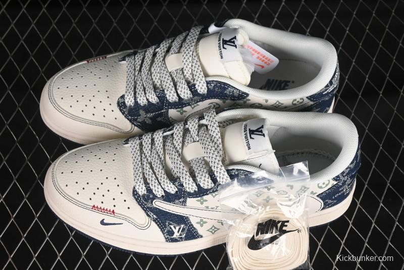 Nike Travis Scott x Fragment Design x Air Jordan 1 Low OG SP Casual Sneakers with Blue Denim - YX5066-326