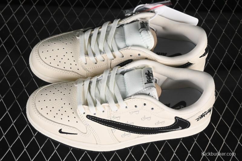 Nike Travis Scott x Fragment Design x Air Jordan 1 Low OG SP AJ1 Stussy Collaboration Black Beige Reverse Swoosh Low-top Casual Sneakers - XS2024-043