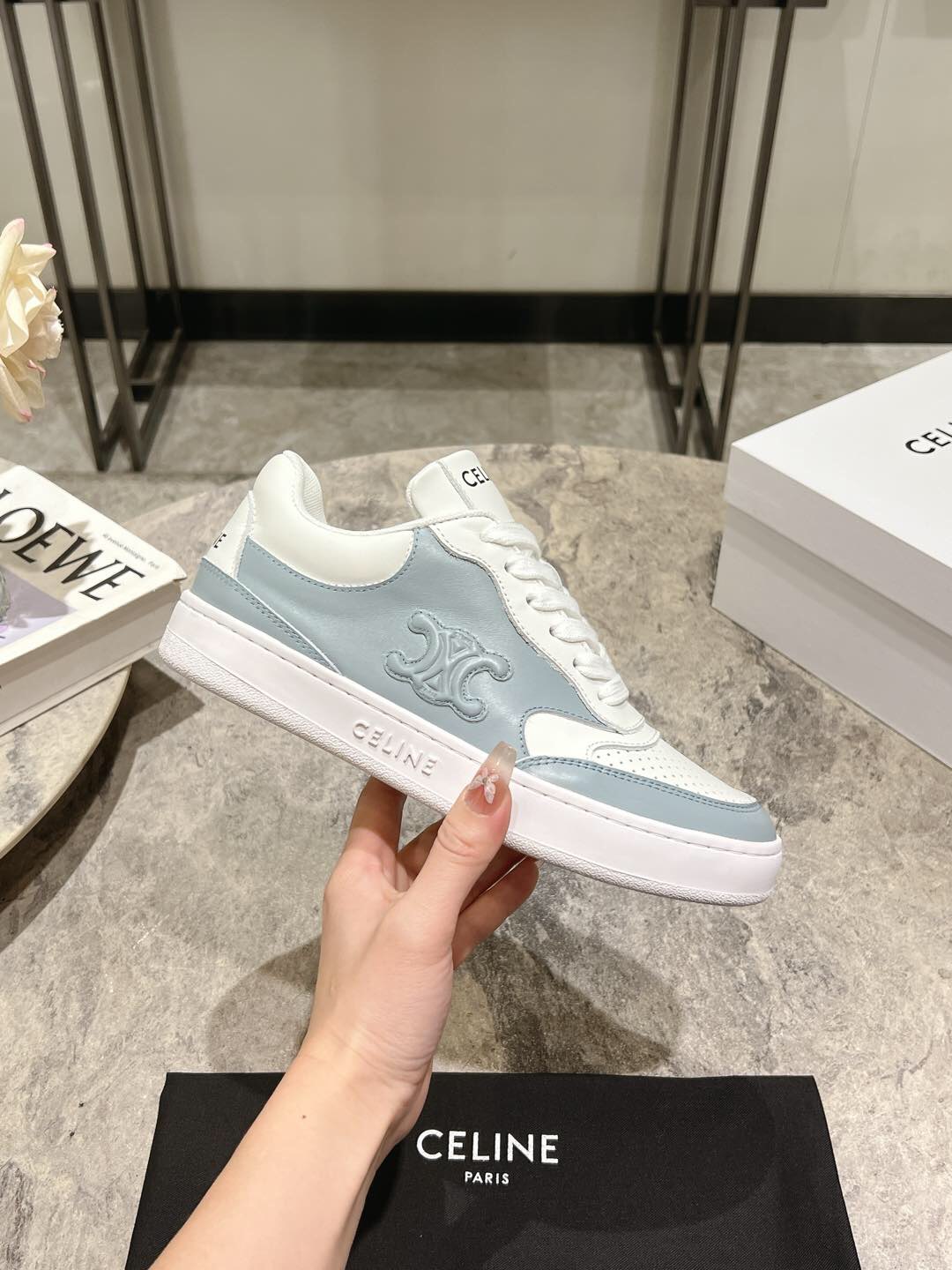 2025 Women Celine White Light Blue Leather Sneakers