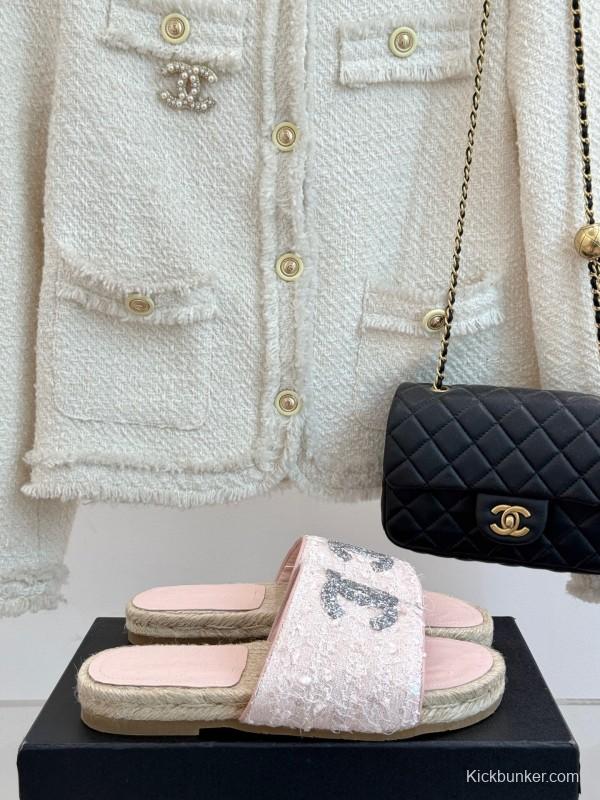 2025 Women Chanel Pink Tweed Espadrille Slide Sandals Handmade Craft KFY00240 (F)