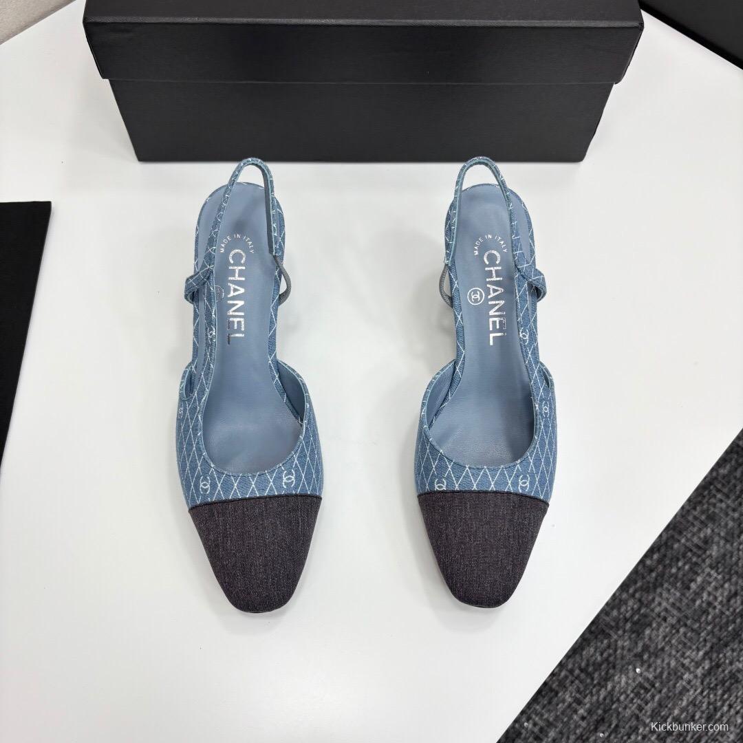 2025 Women Chanel Blue Grey Denim Leather Slingback Shoes