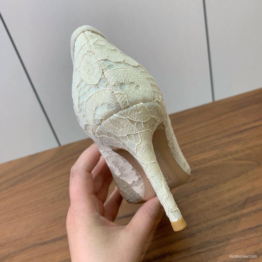 2025 Women Gianvito Rossi White Lace Leather Pumps KFY00280