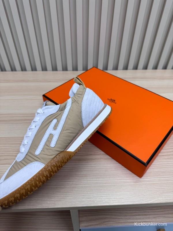 2025 Unisex Hermès White Beige Suede Goat Leather Sneakers Top Version LY00310