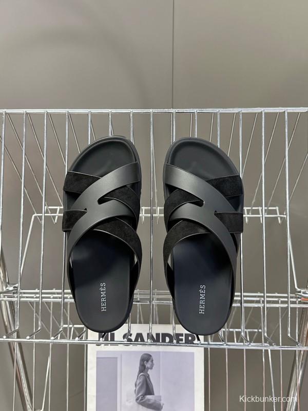 2025 Slippers Hermès Black Leather Slippers