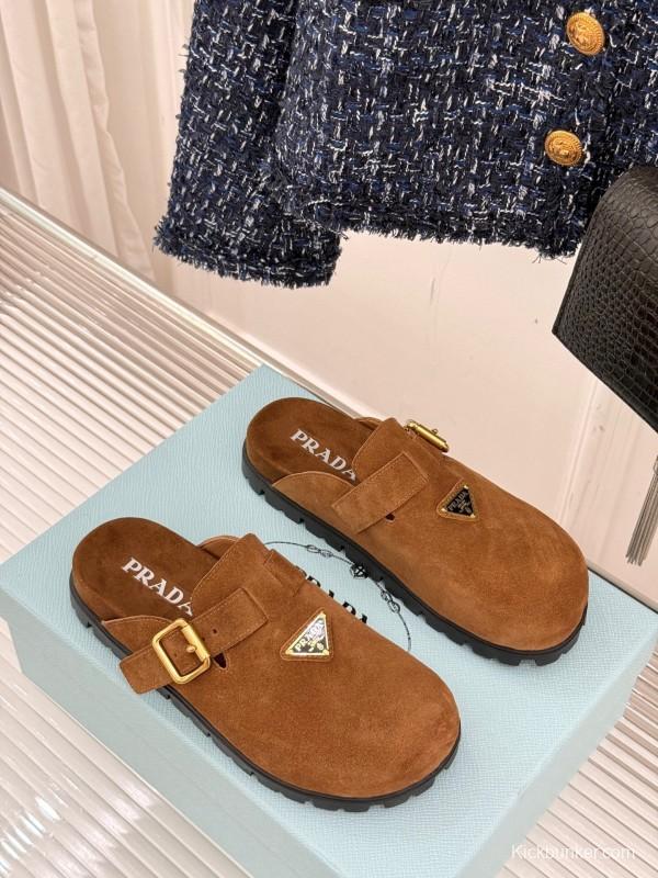 2025 Women Prada Brown Suede Slippers KFY00280