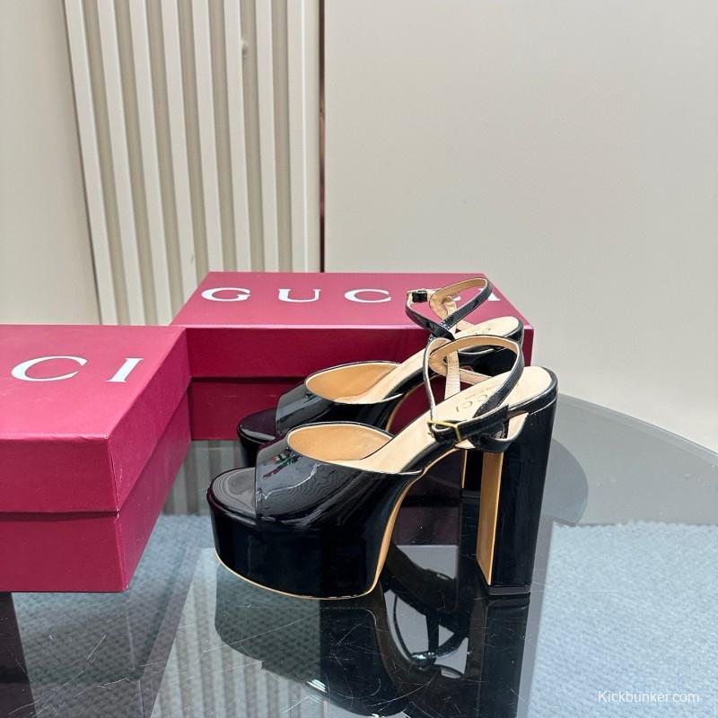 2025 Women Gucci Black Patent Leather Platform Sandals MJ00340