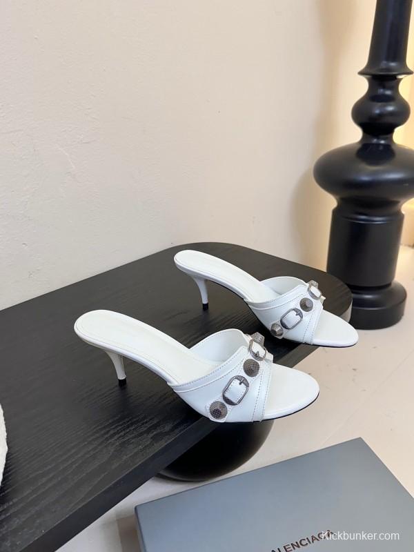 2025 Women Balenciaga White Leather Heeled Mules KFY00290