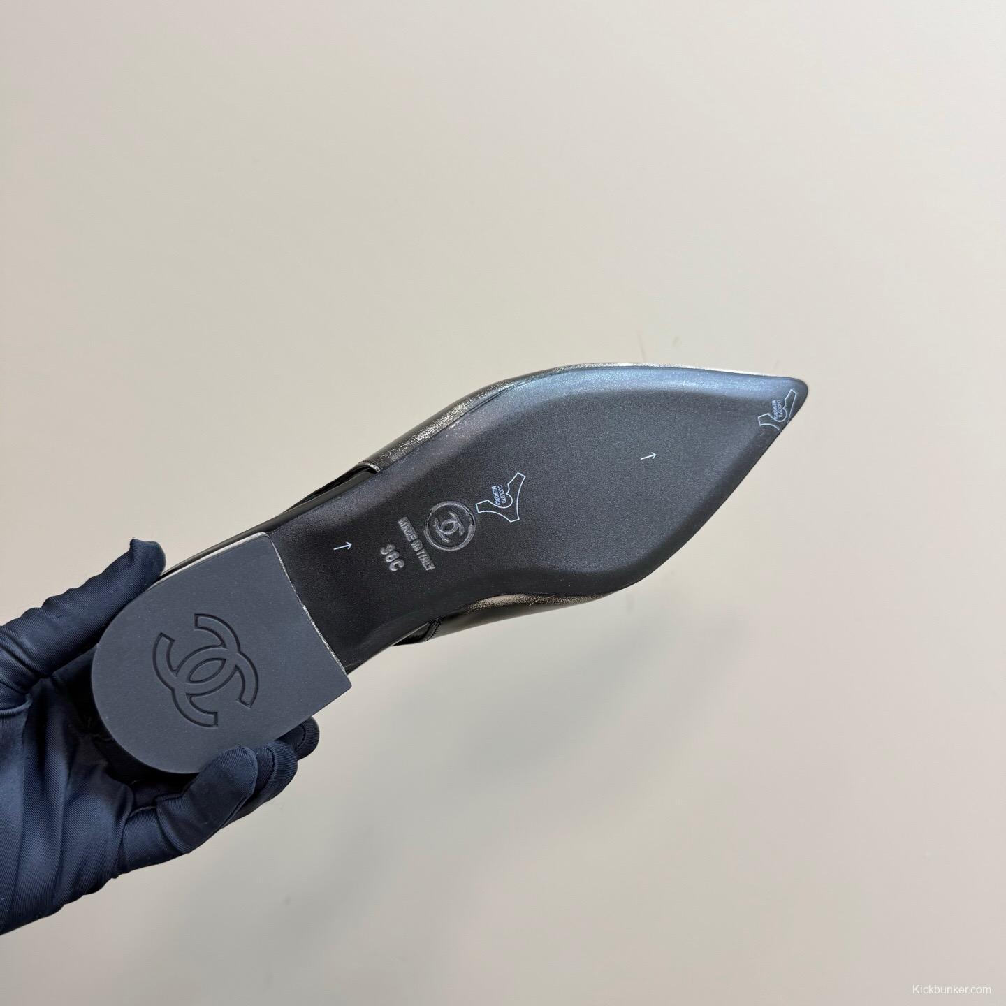 2025 Women Chanel Black Silver Satin Sandals KFY00290