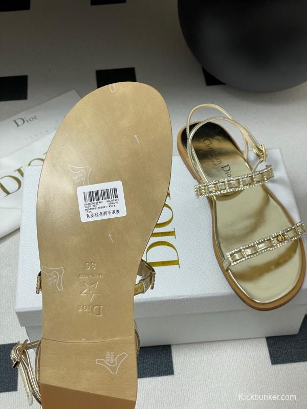 2025 Women Dior Gold Leather Sandals Crystal Embellishment