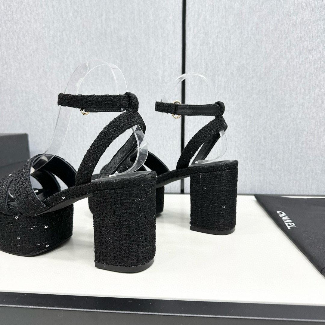 2025 Women Chanel Black Fabric Platform Sandals MJ00310