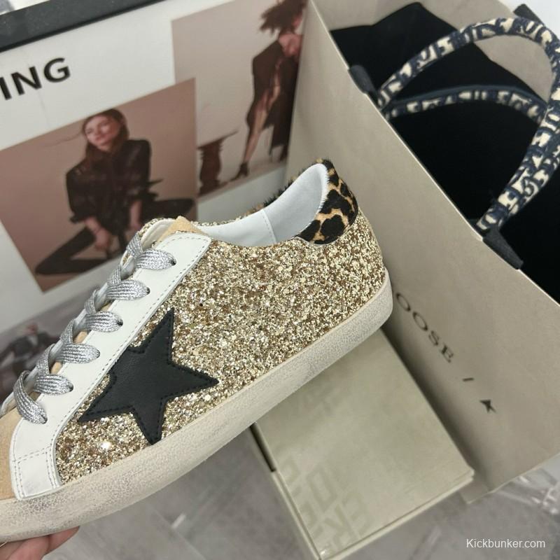 2025 Women GGDB Gold Glitter Black Leather Star Leopard Print Suede Sneakers