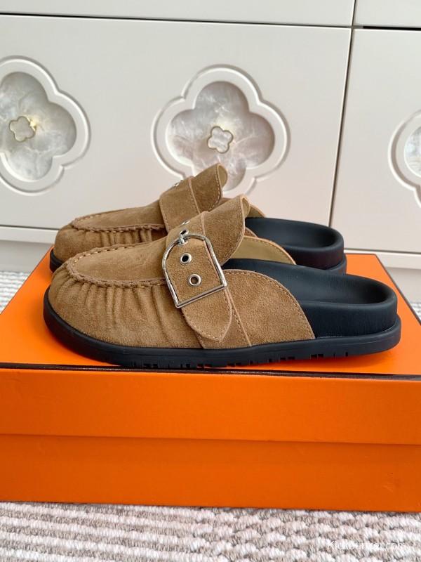 2025 Women Hermès Deep Brown Suede Mule Buckle KFY00290