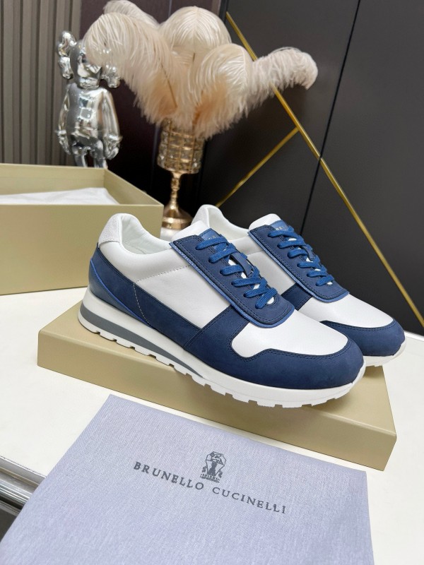 2024 Men Brunello Cucinelli Blue White Suede Calfskin Sneakers MJ00360