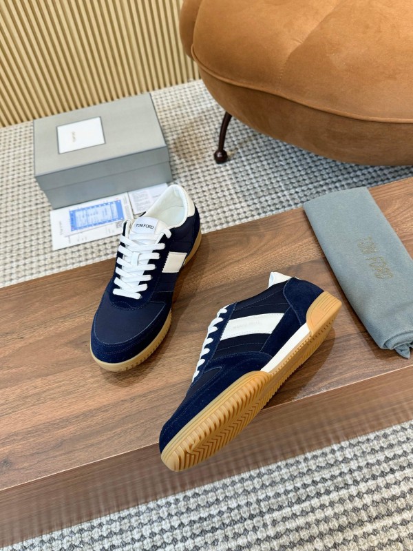 2025 Men TOM FORD Navy White Suede Leather Sneakers LY00360