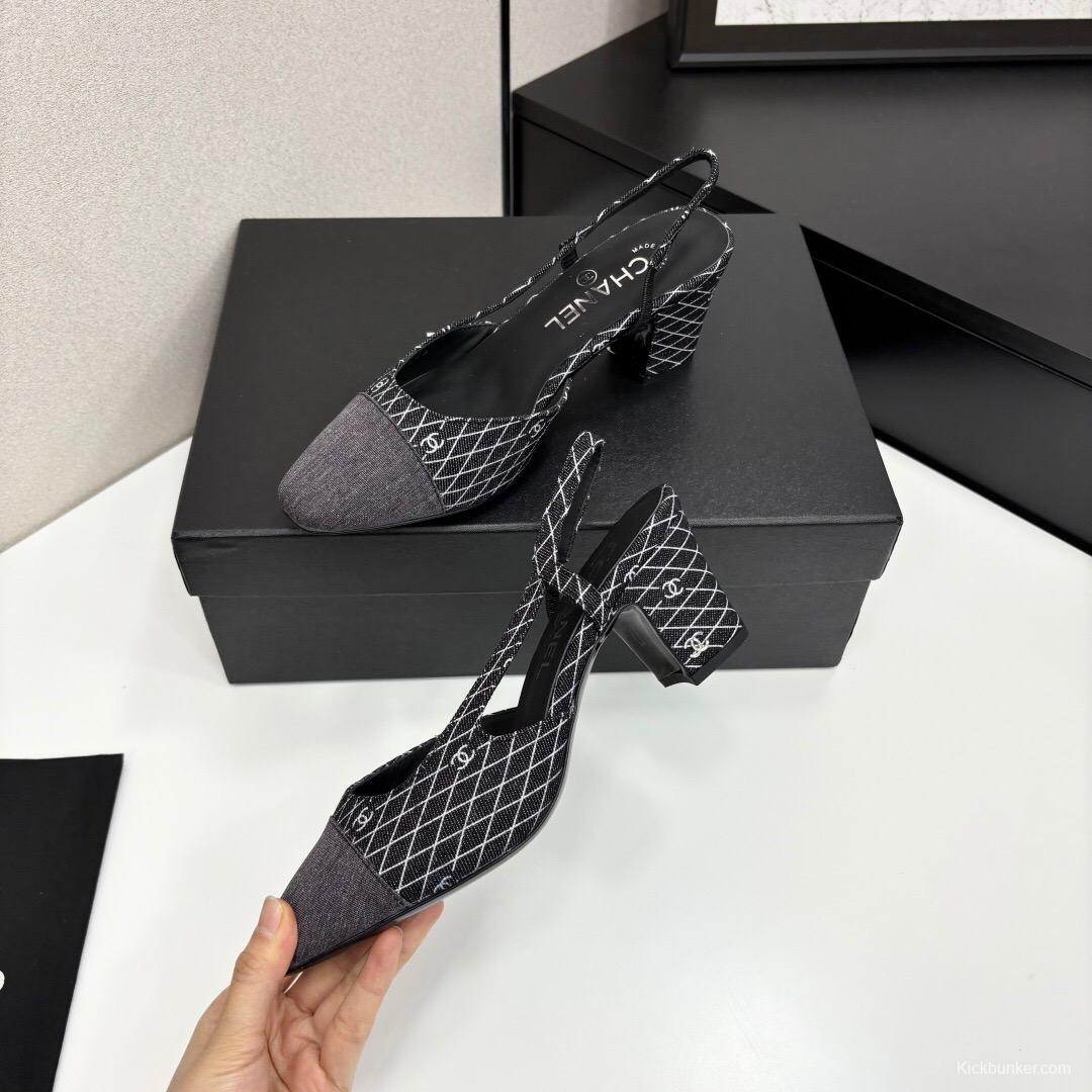 2025 Women Chanel Black White Fabric Slingback Heel LY00240