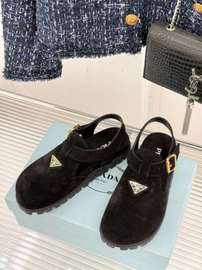 2025 Women Prada Black Suede Sandals