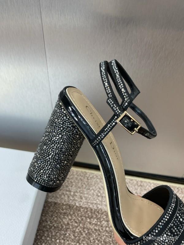2025 Women Dior Black Patent Leather Crystal High Heel Sandals KFY00320