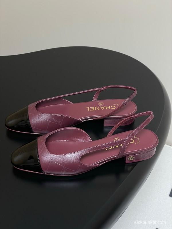 2025 Women Chanel Purple Black Leather Sling-back Pumps KFY00300