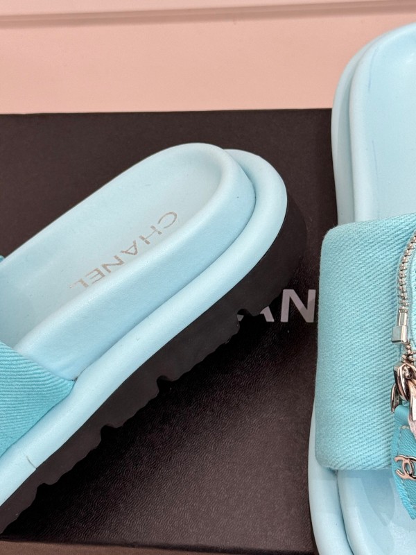 2025 Slippers Chanel Blue Fabric Slippers KFY00220
