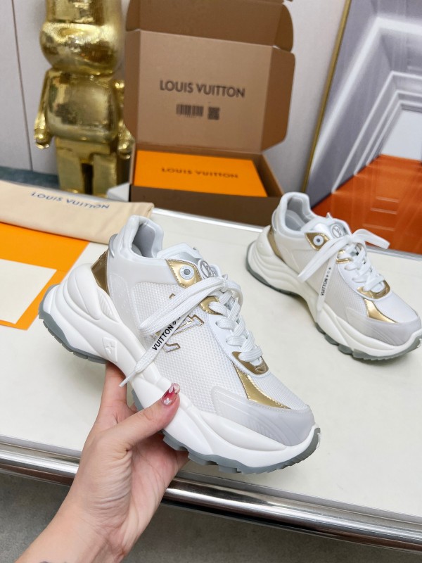 2025 Women Louis Vuitton White Gold Leather Mesh Sneakers LY00340
