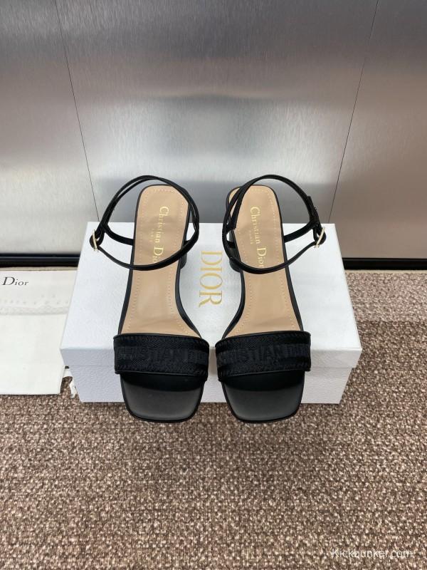 2025 Women Dior Black Leather Fabric Sandals
