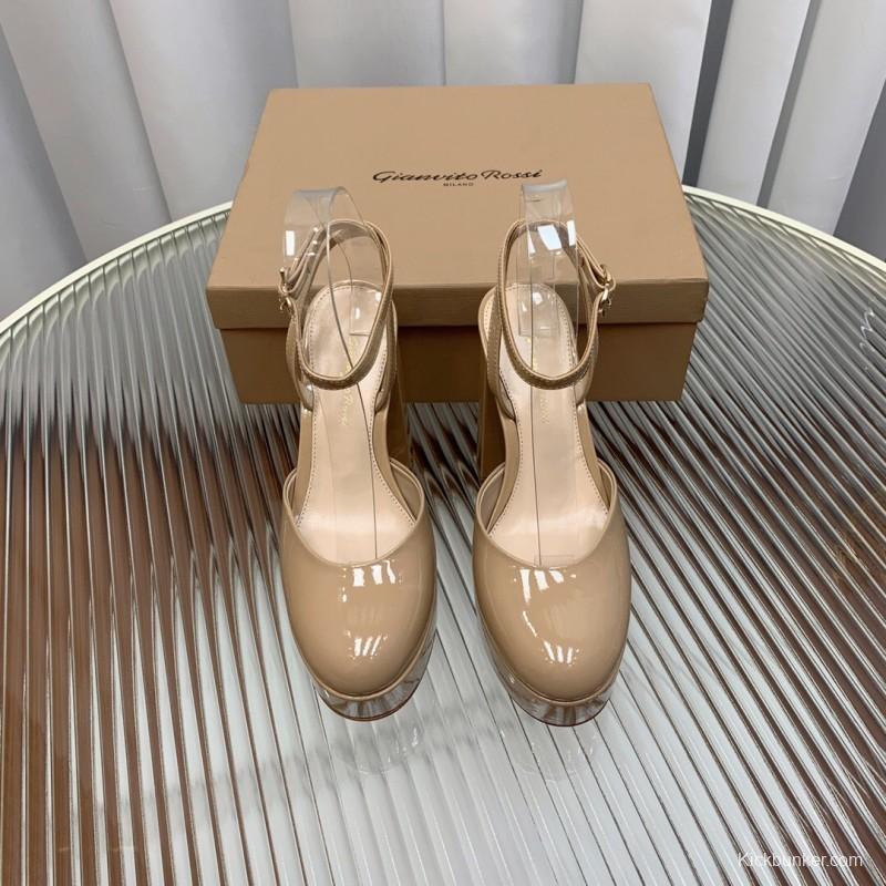 2025 Women Gianvito Rossi Beige Patent Leather Platform Heels KFY00340