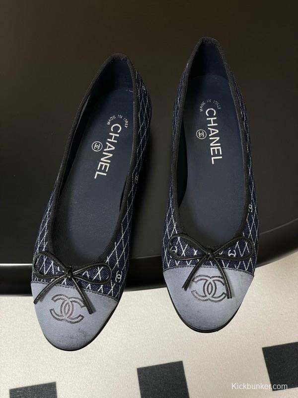 2025 Women Chanel Blue Denim Leather Ballet Flat