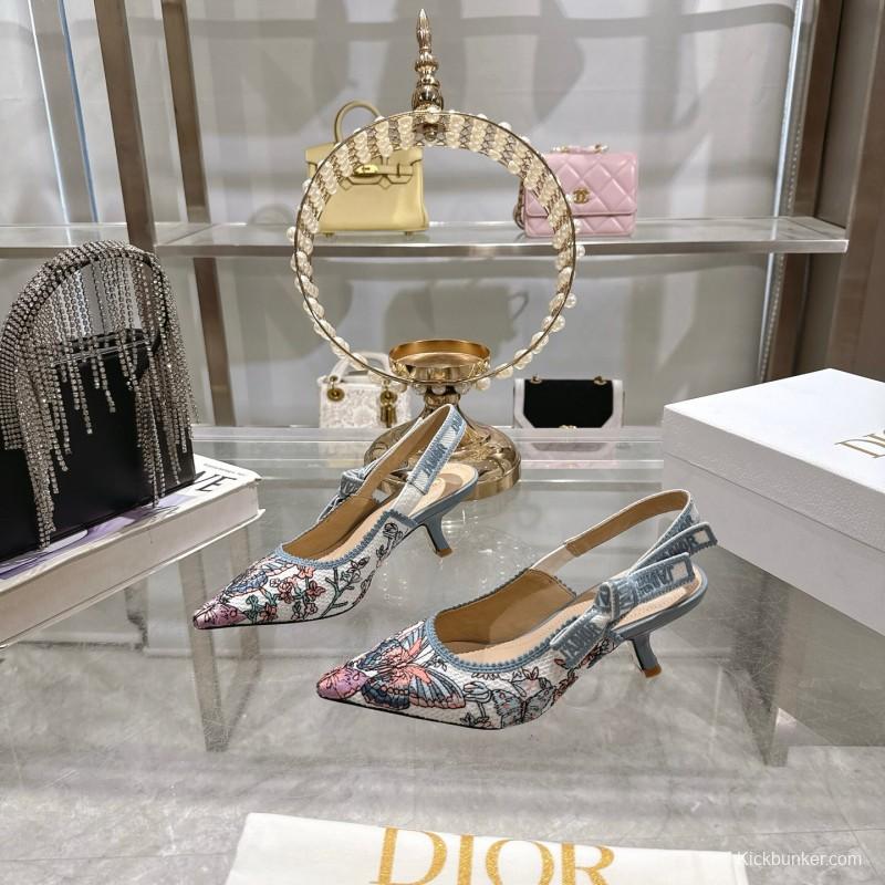 2025 Women Dior Blue Pink Embroidered Fabric Slingback Heels