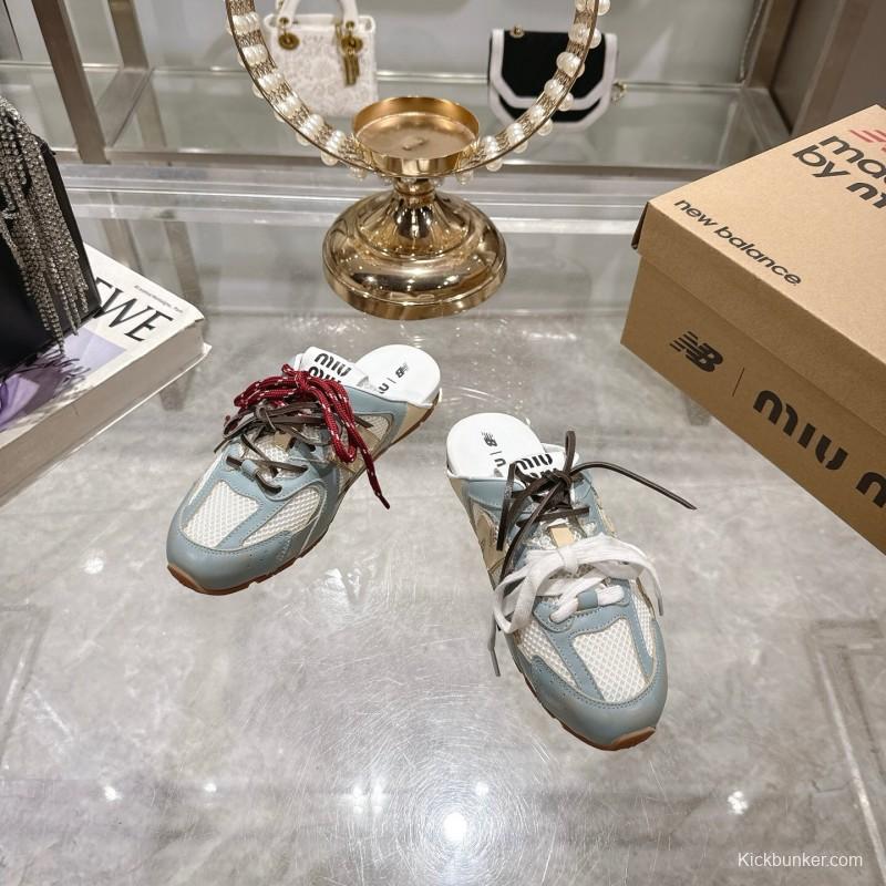 2025 Women Miu Miu Blue White Beige Leather Mesh Sneakers