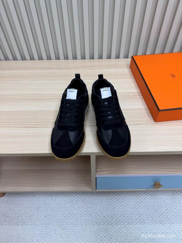 2025 Men Hermès Black Suede Leather Sneakers LY00310