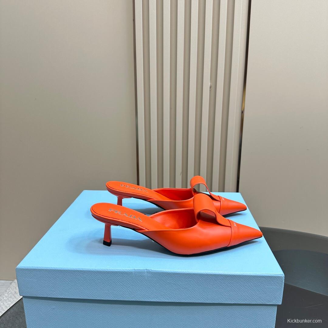 2025 Women Prada Orange Leather Pointed Toe Heels KFY00310