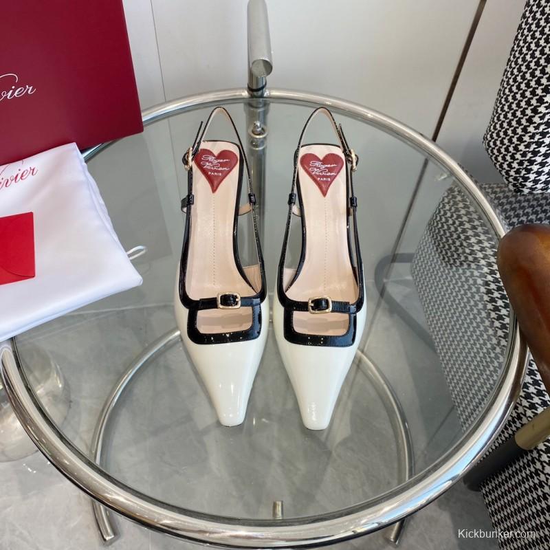 2025 Women Roger Vivier White Black Patent Leather Slingback Pump KFY00340