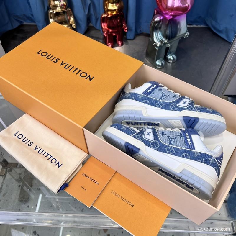 2025 Men Louis Vuitton Blue White Denim Leather LV Trainer