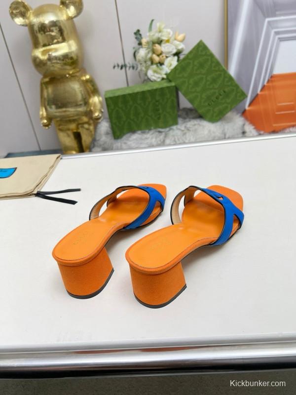 2025 Gucci Orange Blue Leather Slippers