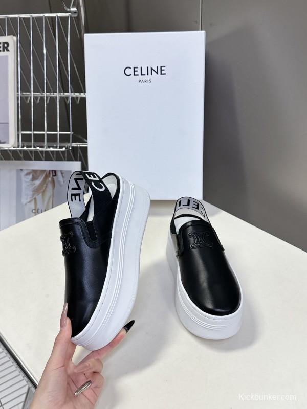 2025 Women CELINE Black White Leather Slip-On Sneakers LY00280