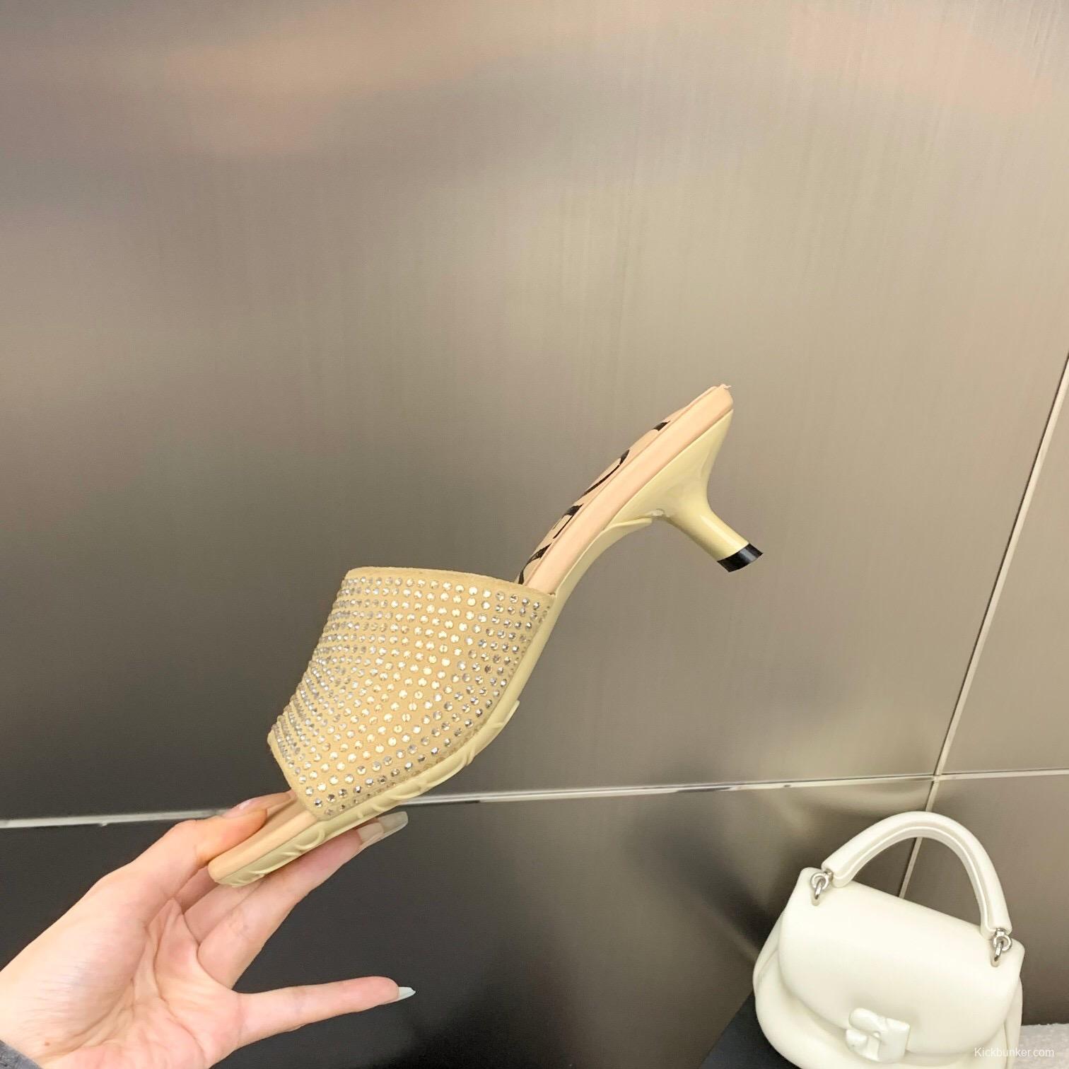 2025 Women Loewe Beige Rhinestone Leather Slippers LY00240